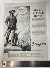 VINTAGE WW2 Era Print Ad, Seagram, Buy U.S. Defense Bonds Curtiss-Wright 10x14"