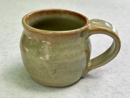 Studio Art Pottery Hand Thrown Rustic Mug Tan Light Green Cream Signed