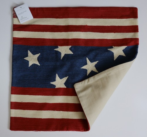 New Pottery Barn Flag Embroidered Pillow Cover 18" Square Patriotic 4th of July - Picture 2 of 6