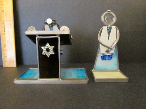 BAR MITZVAH BOOKENDS + Stained Glass BAR MITZVAH BOY & RABBI Personal Protector - Picture 2 of 12