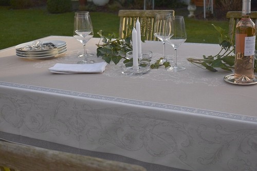 Jacquard Cotton Tablecloth 160X200 Cm Ornaments Taupe France Teflon Protection - Picture 4 of 6