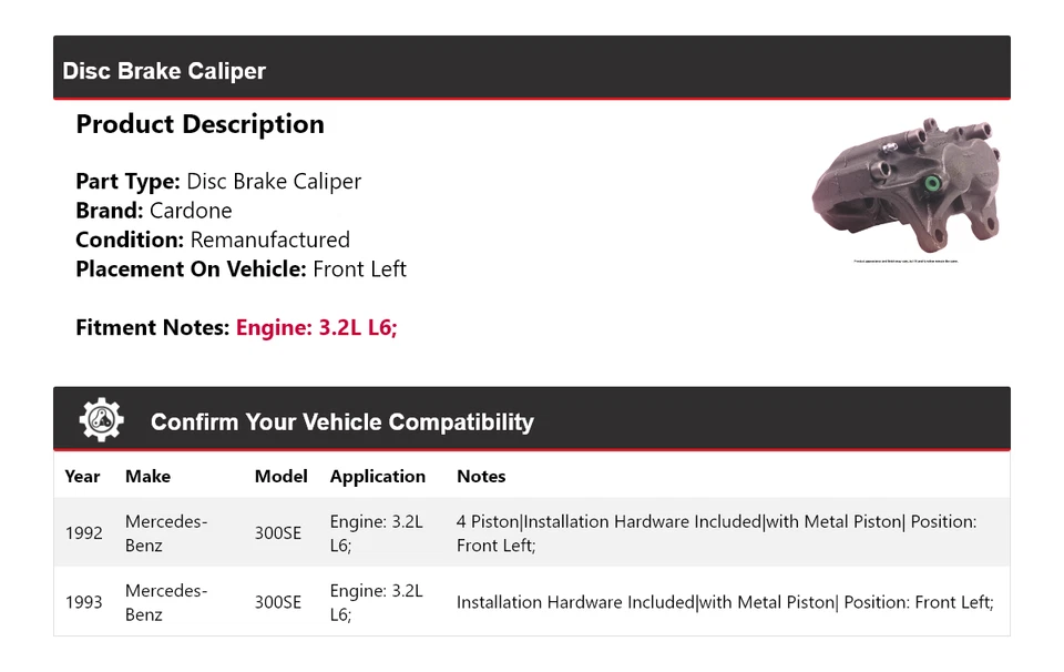 Pinza de freno de disco delantera izquierda cardona para Mercedes-Benz 300SE 1992-1993 3,2 L L6 Foto 2 de 4