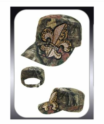 ADJUSTABLE LICENSED MOSSY OAK CAMO RHINESTONE Fleur De Lis CAP HAT