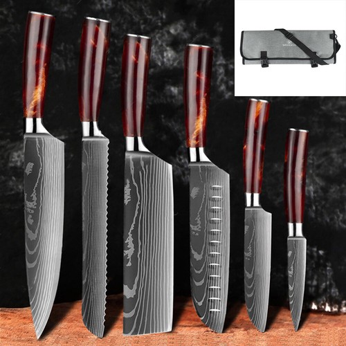 Juego de 10 cuchillos de cocina de acero inoxidable con patrón de Damasco japonés rojo - Imagen 22 de 25