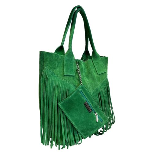 Borsa shopper da donna in vera pelle scamosciata con frangia più custodia - Picture 11 of 60