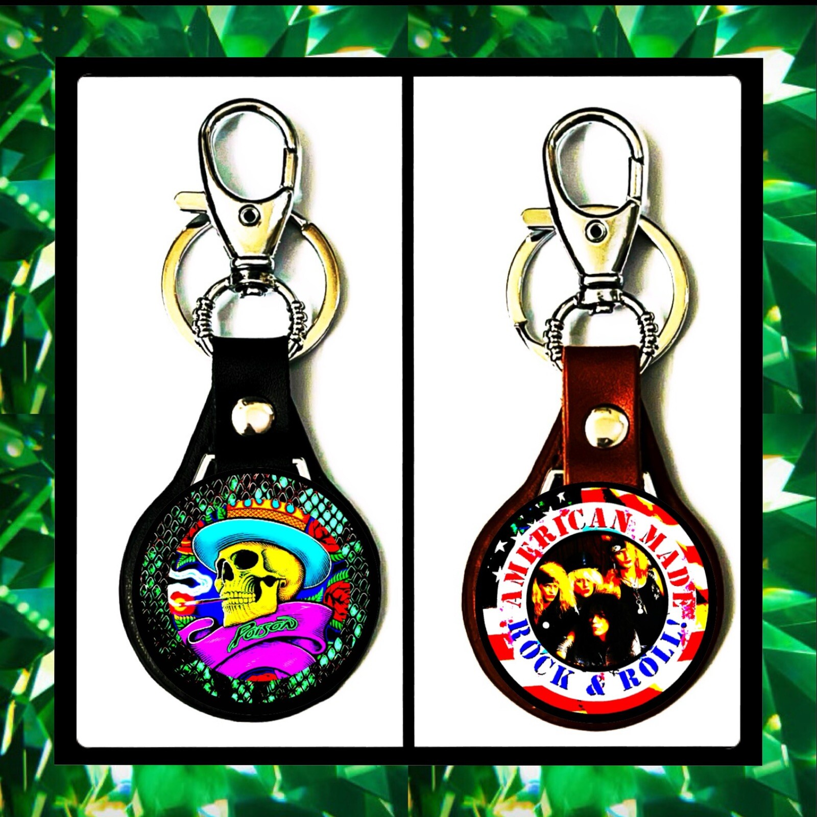 POISON 🐝 AMERICAN MADE🇺🇸 TWO LEATHER KEYCHAINS 🌹