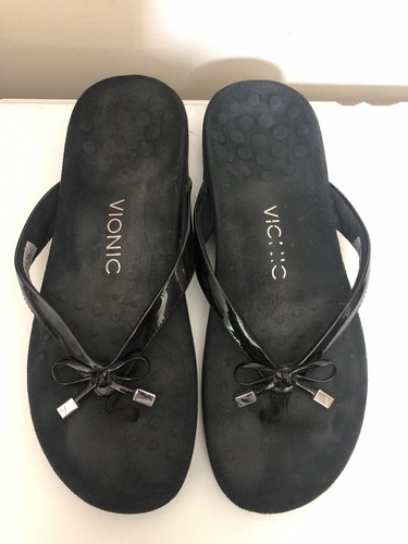 Vionic Orthaheel Bella II Black Patent Flip Flop Sandals Thong Bow Detail Size 8