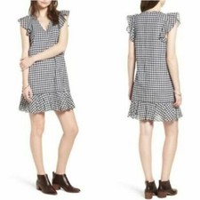 MADEWELL Deep Indigo Navy White Gingham Plaid Flutter Ruffle Sleeve Dress 4 NEW