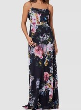 Betsy  Adam Women's Black Floral-Print Drape-Neck Gown Dress Size 6
