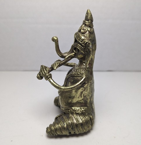 Vintage Musical Ganesha Handcrafted Dhokra Brass Figurine 3.5" - Picture 2 of 6