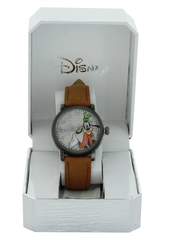 Estuche Goofy Estilo Vintage Disney Tono Negro Correa Marrón Claro Manos Plateadas Cuarzo Foto 4 de 4
