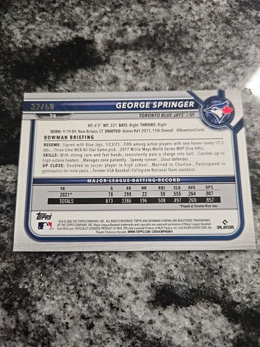 2022 Bowman Chrome #74 GEORGE SPRINGER Gold Refractor SP #/50 MLB - Picture 4 of 5