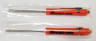 NEW Lot 2 Snap on Tools Flat Mini Pocket ORANGE Screwdrivers w/Clip Magnetic Top