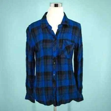 Rails Size Small S Black Blue Plaid Check Print Collared Button Long Sleeve Top