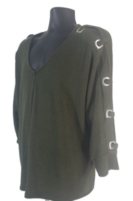 RETROLOGY Womens Knitted Top SIZE XL ¾ Sleeve V Neck Green Polyester Spandex