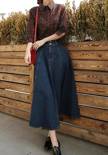 Women Denim A Line Skirt Ruffle High Waist Flared Pleated Jean Skirt Vintage - Picture 2 of 26