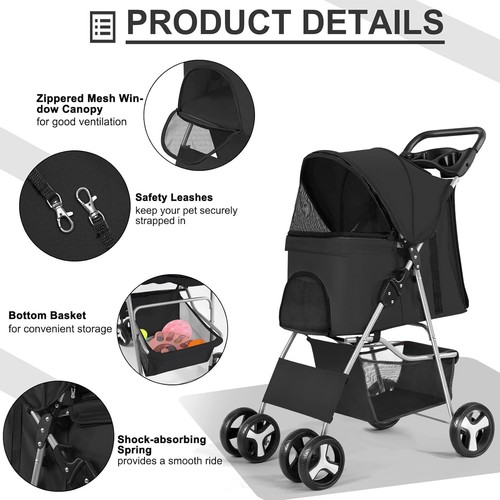 Faltbarer Haustier Kinderwagen 3/4-Rollen Hund Welpen Kinderwagen Wagen mit Getränkehalter & Korb - Bild 26 von 34