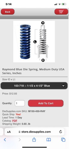 (Qty-2) 1-1/2 X 4-1/2 Die Spring 40MM x 115mm Medium Duty Blue Raymond 103718 - Picture 6 of 6