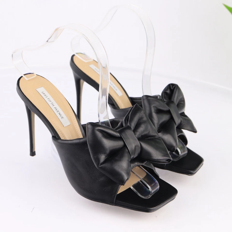 Saks Fifth Avenue Women's Sandal Size 7.5 Black Heel Mule Slide Big Puffy Bow - Image 2 of 4