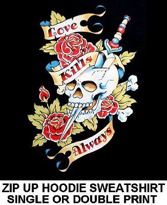 Skull El Amor Mata Love Kills Tattoo HOODIE L TO 4X BLACK