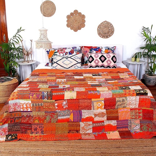 Vintage Patchwork Kantha Bedspread Indian Handmade Quilt Throw Silk & Blanket - Picture 32 of 64