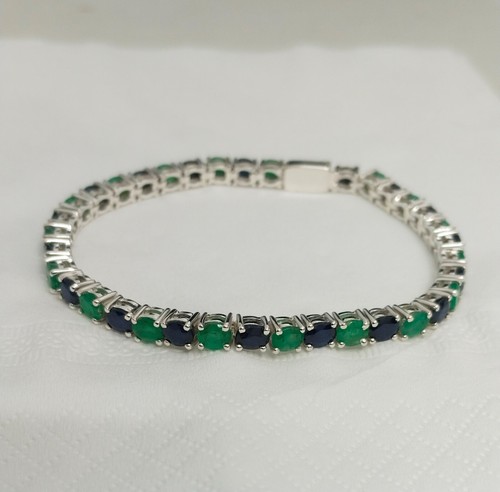 Brazalete tenis plata de ley 925 esmeralda natural, piedras preciosas de zafiro BR-31 - Imagen 10 de 12