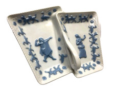 Vintage Egyptian White With Blue Sphinx & Egyptians Handle Dish Trinkets Cairo
