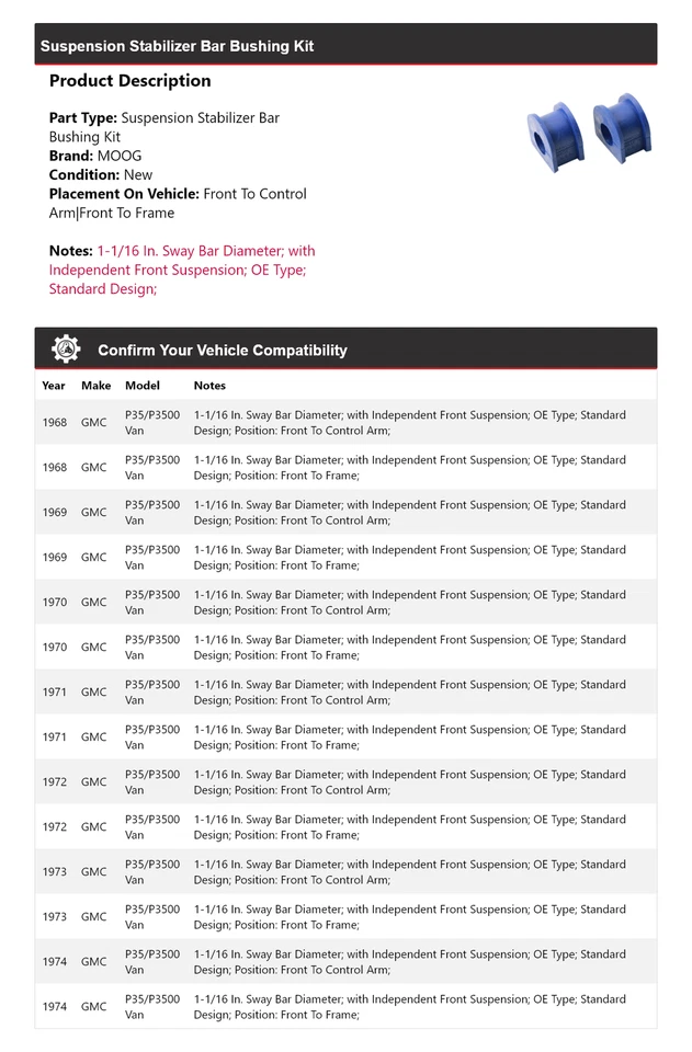 Kit de buje barra estabilizadora suspensión furgoneta GMC P35/P3500 1968-1974 MOOG 1968 Foto 2 de 4