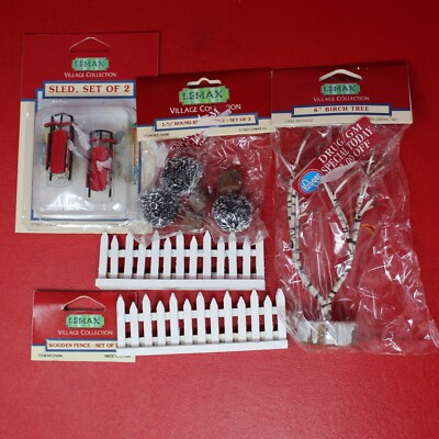 Lemax Lot of 8- 2x Sled, 1 1/2'' 3x Round Bristle Tree, 6'' Birch Tree, 2x Fence