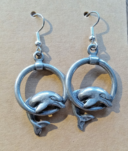 Pewter Jumping Dolphins Pierced Earrings, Beach, Festival, Sea Life, Nautical - Picture 3 of 6