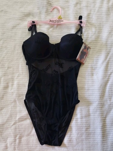 Juicy Couture NWT Sm Push Up Sexy Black Mesh Body Suit Logo Underwire Bra, Thong