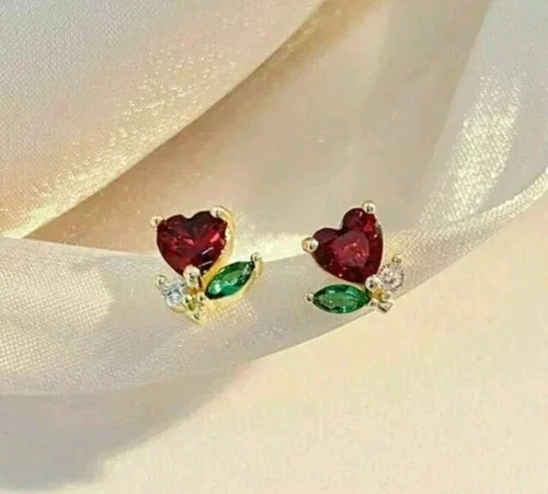3CT Heart Cut Lab Created Red Ruby Women's Stud Earrings 14K Yellow Gold Finish - Image 2 of 3