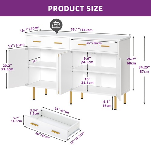 Modern 55" Sideboard Buffet with Drawers Storage Bar Cabinet Carved Design Doors - Picture 3 of 9