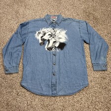Vintage Wanted By Beads Womens Mediun Chambray Denim Western Denim Shirt Horses