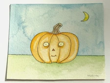 4”x3” approx Original Art Watercolor Carves Pumpkin Halloween Moon Painting Cool