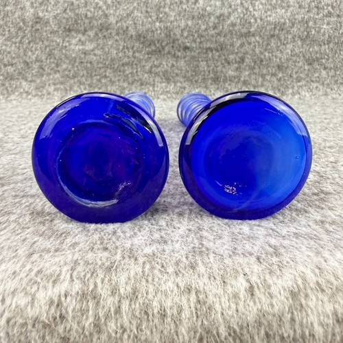 ✅Paar Vintage kobaltblau gefasste mundgeblasene Glasvasen außen klar Swirl Wrap Dekor - Bild 4 von 8