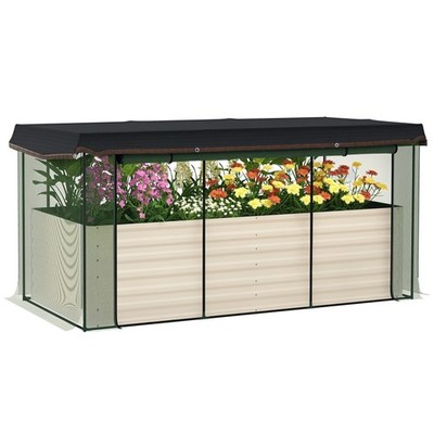 Outsunny Galvanized Raised Garden Bed with Crop Cage & Shade Cloth, Beige