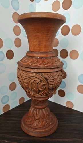 Vintage Hand Carved Wood Vase ornate, 10" T - Picture 1 of 7