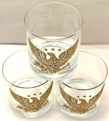 Vintage Glassware Gold Eagle Retro Barware Cart Bicentennial MCM Whiskey Burbon