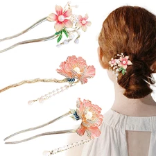 3 PCS Pearl Chinese Flower Hair Sticks Vintage Tassel Hair Pins Metal Chinese Ha