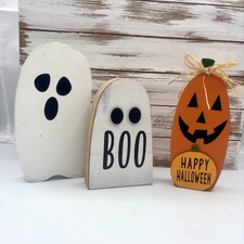HALLOWEEN Wood Shelf Sitter Decor Ghost  Jack O Lantern 3 pcs