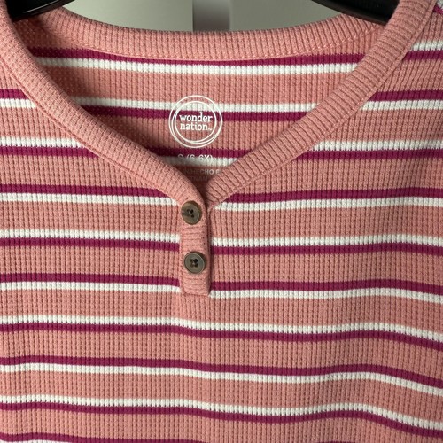 Girls Long Sleeve Henley Tee S 6/6x Pink White Stripped Waffle Texture Classic - Picture 3 of 7