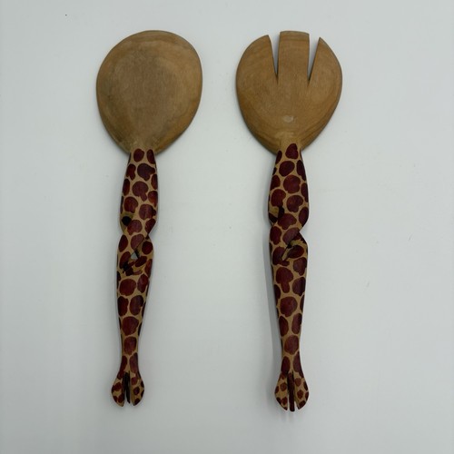 Hand-Carved Wooden Vintage Giraffe Pattern 2-Piece Salad Serving Set - Picture 2 of 8