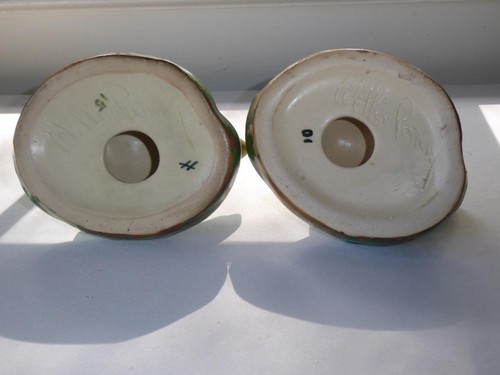 RARE PAIR WELLER COPPERTONE ART POTTERY TURTLE LILY PAD CANDLESTICKS - Picture 12 of 14
