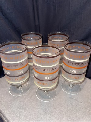5 Frosted Stripe Scotch Bourbon Rye Vodka Gin Whiskey Footed Glass MCM Barware