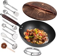 12.8" Carbon Steel Wok-11Pcs Woks & Stir Fry Pans Wok Pan with Lid, No Black