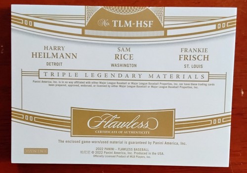 2022 Panini Harry Heilmann Sam Rice Frankie Frisch Game Used Bat Jersey Relic - Picture 2 of 2