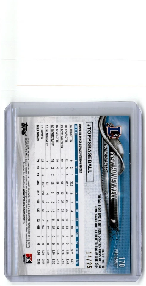 2018 Topps Pro Debut Orange Brent Honeywell 14/25 Durham Bulls #170 - Image 2 of 2