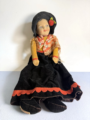 Vintage 1930er Chad Valley England Hygienic Toys geformter Stoff spanisches Mädchen Puppe 