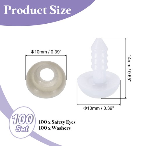 100 Pcs 10mm Plastic Safety Eyes for Crocheting with Washers for Animals, White - Picture 2 of 7